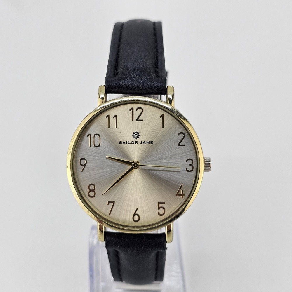 Women's Analog Watch 36MM Gold Dial Black Faux Leather Bands NEW Battery
